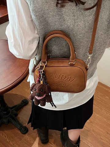 Damen Mini Boston Umhängetasche PU Leder Kleine Handtasche Geprägte Buchstaben Umhängetasche Mit Abnehmbarem Riemen Retro Tote Bag
