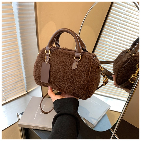 Vintage Faux Shearling Pluche Boston Tas Dames Kunstleer Patchwork Cilinder Schoudertas Winter Mode Crossbody Handtas