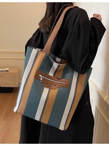 Bolso Tote de Lona a Rayas Vintage Para Mujer Bolso de Hombro Gran Capacidad Con Detalles Remaches Cremallera Bolso de Mano Casual