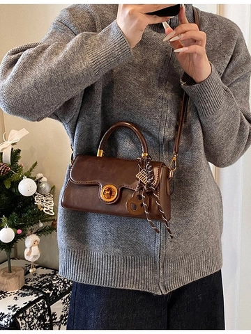 Women Vintage PU Leather Small Square Bag Contrast Color Lock Crossbody Shoulder Bag Casual Daily Commuting Handbag With Pendant