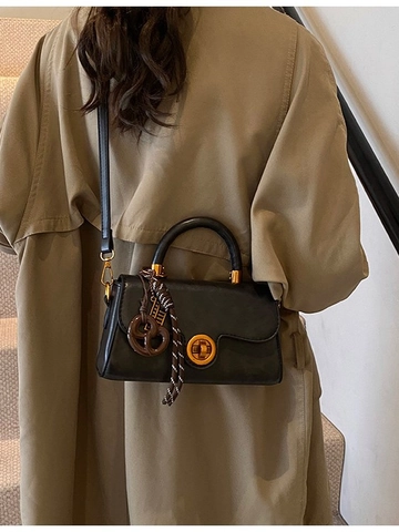 Women Vintage PU Leather Small Square Bag Contrast Color Lock Crossbody Shoulder Bag Casual Daily Commuting Handbag With Pendant
