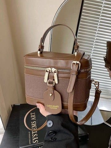 Borsa a Tracolla Vintage Donna Modello Vanity Case in Pelle PU Tessuto Giunzione Forma Box Doppia Cerniera Con Tracolla Regolabile