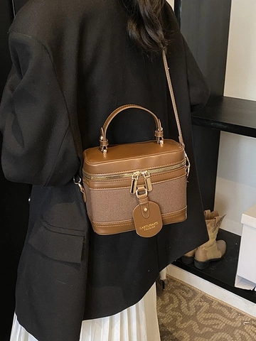 Borsa a Tracolla Vintage Donna Modello Vanity Case in Pelle PU Tessuto Giunzione Forma Box Doppia Cerniera Con Tracolla Regolabile