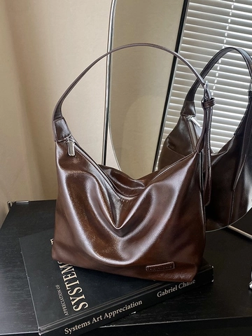 Vintage Glanzend PU Leer Hobo Tas Vrouwen Grote Capaciteit Minimalistische Schouder Crossbody Tas Verstelbare Riem Forenzentas