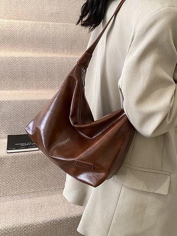 Vintage Glanzend PU Leer Hobo Tas Vrouwen Grote Capaciteit Minimalistische Schouder Crossbody Tas Verstelbare Riem Forenzentas