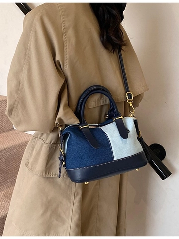 Borsa a Mano Boston in Denim Patchwork da Donna Borsa a Tracolla Vintage con Finiture in Pelle PU e Hardware Dorato Borsa Daily