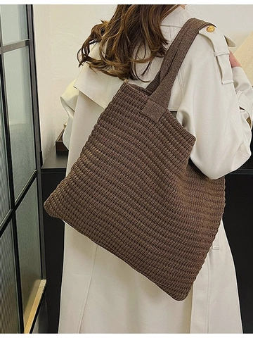 Vintage Knitted Tote Bag Large Capacity Woolen Crochet Shoulder Bag Minimalist Solid Color Shopping Bag For Women Daily