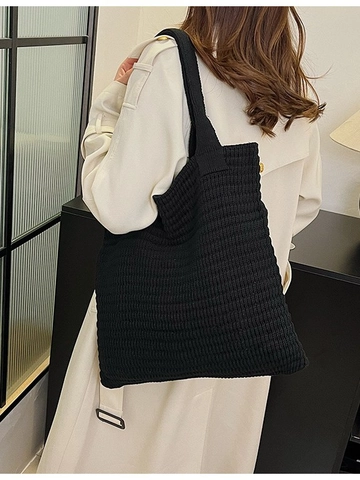 Vintage Knitted Tote Bag Large Capacity Woolen Crochet Shoulder Bag Minimalist Solid Color Shopping Bag For Women Daily