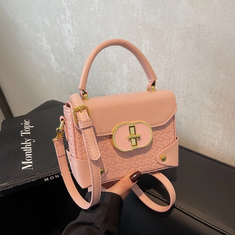 Vintage PU Leather Woven Splicing Shoulder Bag For Women Fashion Crossbody Handbag With Gold Metal Clasp Square Box Bag