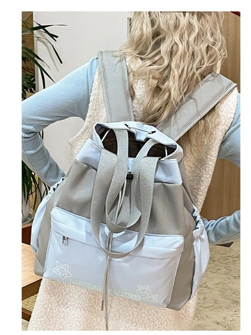 Mochila de Lona para Mujer Moda Color de Contraste Gran Capacidad Estampado Estrellas Cordón Ajustable Bolso Escolar Viaje