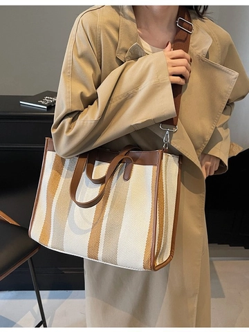 Bolso Tote de Lona Grande para Mujer de Rayas Verticales Color de Contraste Bolso Bandolera Con Correa Ancha Ajustable Oficina