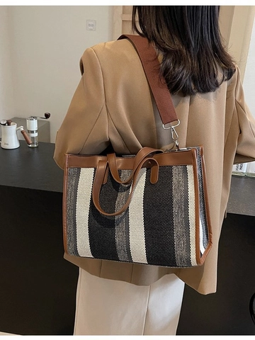 Bolso Tote de Lona Grande para Mujer de Rayas Verticales Color de Contraste Bolso Bandolera Con Correa Ancha Ajustable Oficina