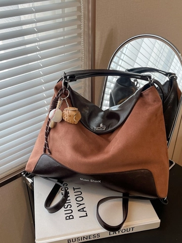 Large Capacity Commuter Tote Bag For Women PU Leather Contrast Stitching Shoulder Crossbody Bag With Baseball Charm Decor