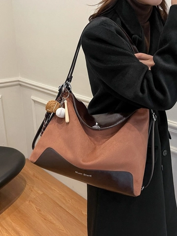 Large Capacity Commuter Tote Bag For Women PU Leather Contrast Stitching Shoulder Crossbody Bag With Baseball Charm Decor