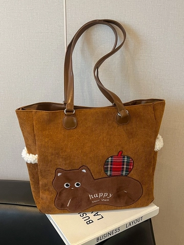 Damen Große Kapazität Cord Tote-Tasche Cartoon Katze Aufnäher Handtasche Mit Ledergriffen Umhängetasche Für Herbst Winter