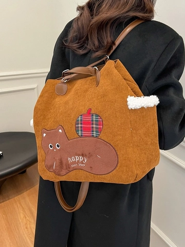 Damen Große Kapazität Cord Tote-Tasche Cartoon Katze Aufnäher Handtasche Mit Ledergriffen Umhängetasche Für Herbst Winter