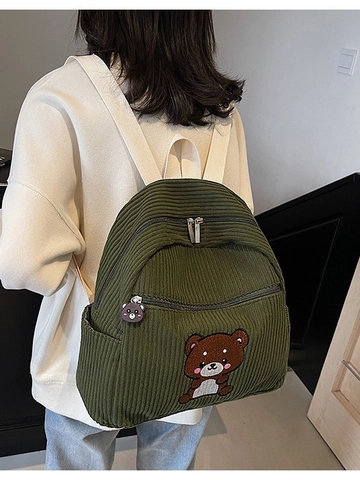Mochila de Pana para Mujer Kawaii Bordado de Oso de Dibujos Animados Mochila Pequeña Bolso Escolar Casual para Niñas Moda
