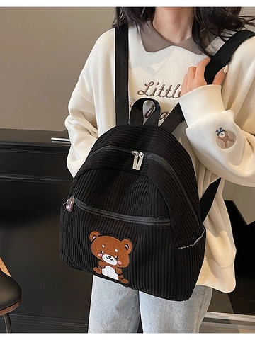 Mochila de Pana para Mujer Kawaii Bordado de Oso de Dibujos Animados Mochila Pequeña Bolso Escolar Casual para Niñas Moda
