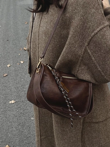 Vintage Women PU Leather Small Square Crossbody Bag Retro Shoulder Handbag With Peanut Pendant Fashion Casual Zipper Purse