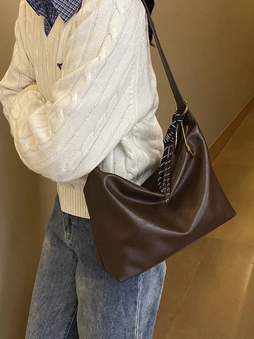 Sac Hobo Dumpling En Cuir PU Vintage Grande Capacité Pour Femmes Sac À Épaule Plissé Minimaliste Avec Pendentif