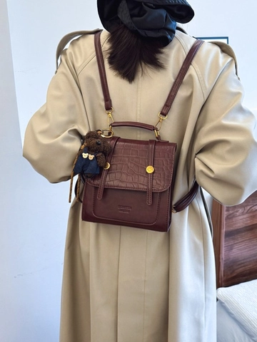Vintage Alligator Texture PU Leather Backpack For Women Fashion Patchwork Handbag With Teddy Bear Charm Casual School Mini Bag
