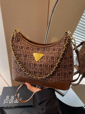 Sac Bandoulière en Tweed Vintage Femmes Cuir PU Épissage Chaîne Or Sac à Épaule Style Français Logo Triangle Main