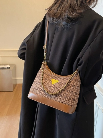 Sac Bandoulière en Tweed Vintage Femmes Cuir PU Épissage Chaîne Or Sac à Épaule Style Français Logo Triangle Main
