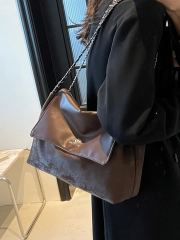 Women Retro Large Capacity Shoulder Bag PU Leather Chain Tote Bag Casual Commuter Handbag Solid Color Elegant Purse