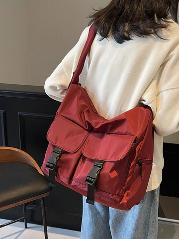 Women Large Capacity Nylon Tote Bag Korean Style Pleated Shoulder Strap Multi Pockets Crossbody Bag Casual Utility Shoulder Bag Student School Work