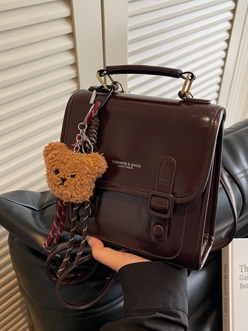 Zaino in Pelle PU Vintage da Donna Stile Preppy Retrò Borsa a Mano Piccola Quadrata Con Pendaglio a Orso Borsa da Scuola