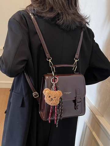Zaino in Pelle PU Vintage da Donna Stile Preppy Retrò Borsa a Mano Piccola Quadrata Con Pendaglio a Orso Borsa da Scuola