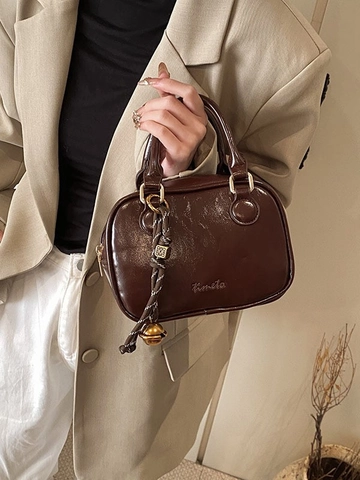 Bolso Boston Mini de Cuero PU Vintage para Mujer Bolso Bandolera Cuadrado Pequeño Con Colgante de Campana Elegante