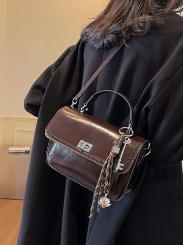 Vintage PU Leather Small Square Crossbody Bag For Women Minimalist Fashion Handbag With Braided Rope Key Bell Pendant Commuter Shoulder Bag