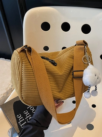 Women Vintage Corduroy Crossbody Bag With Adjustable Wide Strap Casual Solid Color Hobo Shoulder Bag With Plush Cloud Pendant