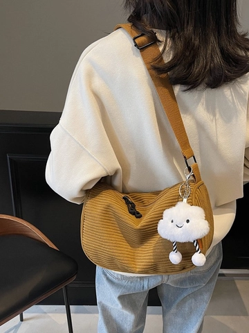 Women Vintage Corduroy Crossbody Bag With Adjustable Wide Strap Casual Solid Color Hobo Shoulder Bag With Plush Cloud Pendant