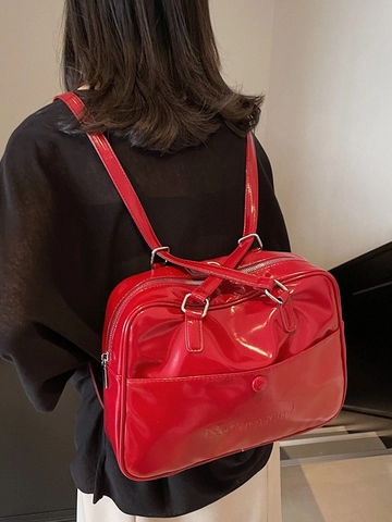 Sac à Dos Femme Mode en Cuir PU Brillant Sac Sous le Bras Grande Capacité Style Collège Rétro Sac à Épaule Multi-Usage