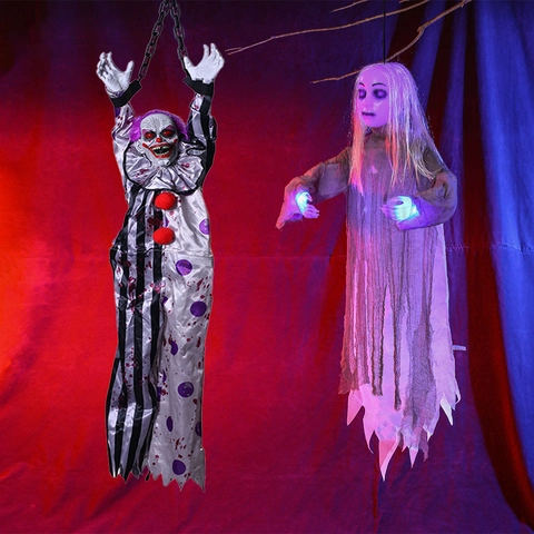 Halloween Hanging Decoration Ghost And Clown With Voice Control Glowing Eyes Haunted House Secret Room Party Props