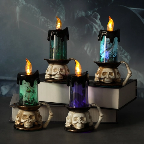 Halloween LED Electronic Candle Lamp With Skull Relief Base Spooky Ghost Black Cat Castle Flame Light For Party Decor