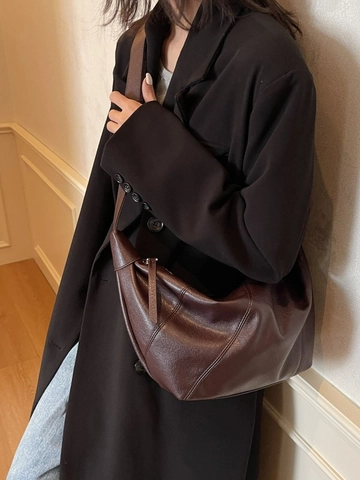 Women Vintage PU Leather Crescent Hobo Bag Minimalist Dumpling Crossbody Bag Large Capacity Pleated Shoulder Bag Casual