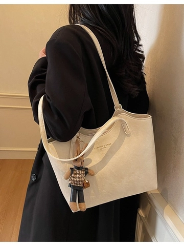 Borsa Tote Donna Vintage Grande Capacità in Pelle PU Borsa a Tracolla Moda Versatile per Pendolari Con Ciondolo a Coniglio