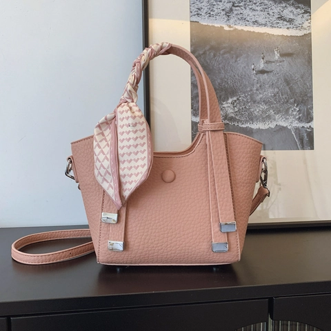 Borsa a Secchiello in Pelle PU a Trama Litchi da Donna Con Manico a Sciarpa di Raso Pied de Poule Elegante Borsa a Tracolla Quotidiana Versatile