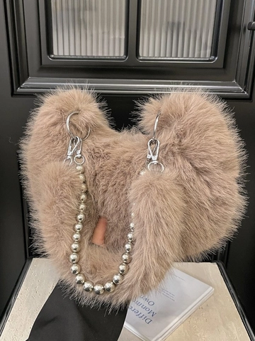 Women Fashion Faux Fur Plush Hobo Bag Soft Warm Underarm Shoulder Bag With Metal Bead Chain Elegant Winter Accessory Handbag