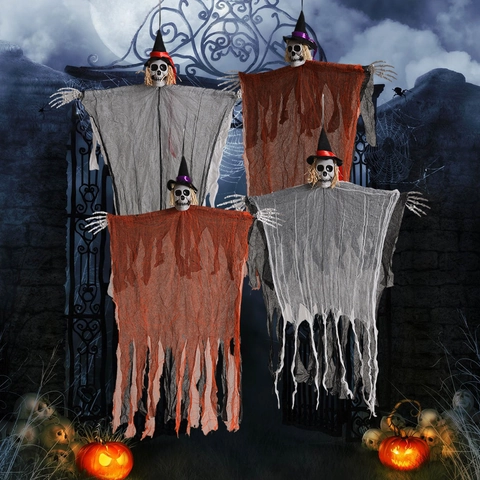 Halloween Hanging Ghost Skull Decoration With Witch Hat Gauze Scarecrow Haunted House Bar Outdoor Party Props