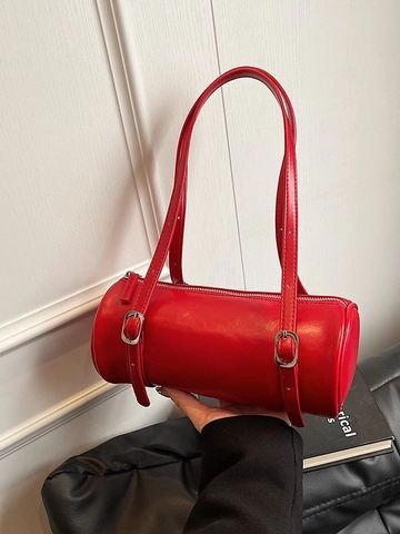 Women's Korean Fashion Cylinder Shoulder Bag Casual PU Leather Barrel Bag Minimalist Underarm Handbag Adjustable Strap