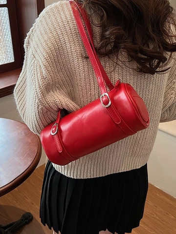 Women's Korean Fashion Cylinder Shoulder Bag Casual PU Leather Barrel Bag Minimalist Underarm Handbag Adjustable Strap
