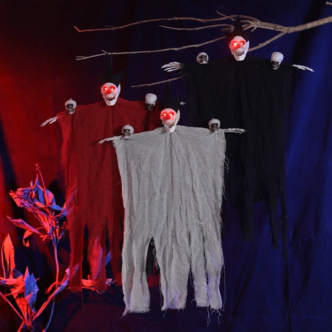 Décoration Fantôme Suspendu à Trois Têtes Halloween Yeux Rouges Lumineux Activé par le Son Squelette d'Horreur pour Maison Hantée Cour Extérieure Fête