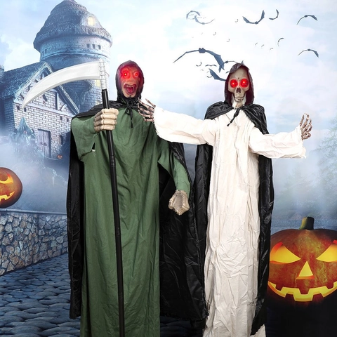 Animierter Lebensgroßer Sensenmann Halloween Requisite Geräuschaktiviert Leuchtende Augen Stehender Geist Spukhaus Dekoration