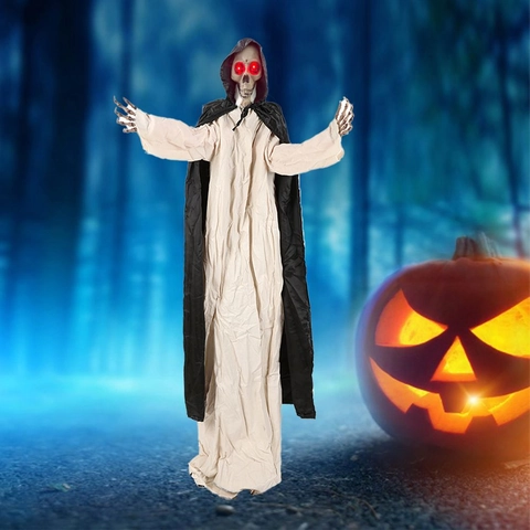 Animierter Lebensgroßer Sensenmann Halloween Requisite Geräuschaktiviert Leuchtende Augen Stehender Geist Spukhaus Dekoration