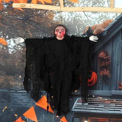 Halloween Decoración Fantasma Colgante Luz Sonido Brazo Animado Esqueleto Segador para Fiesta Casa Embrujada Bar Hogar