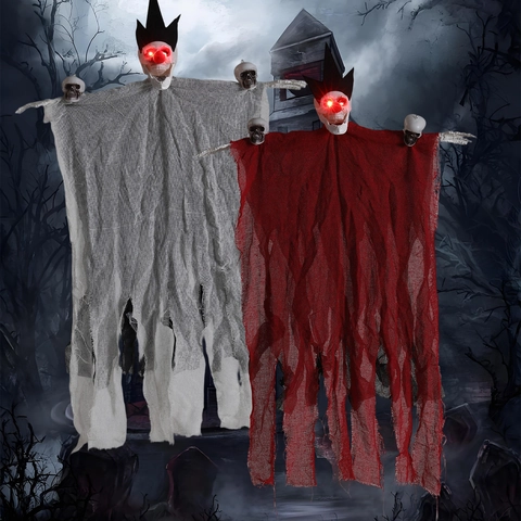 Décoration Fantôme Suspendu à Trois Têtes Halloween Yeux Rouges Lumineux Activé par le Son Squelette d'Horreur pour Maison Hantée Cour Extérieure Fête